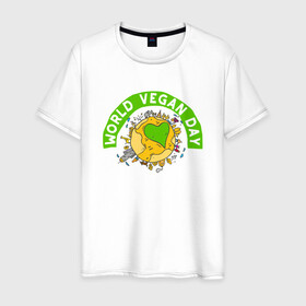 Мужская футболка хлопок с принтом World Vegan Day в Новосибирске, 100% хлопок | прямой крой, круглый вырез горловины, длина до линии бедер, слегка спущенное плечо. | green | greenpaece | nature | sport | vegan | yoga | веган | вегетарианец | гринпис | еда | животные | жизнь | здоровье | зеленый | йога | мир | овощи | пища | планета | природа | растение | спорт | тело | фрукты