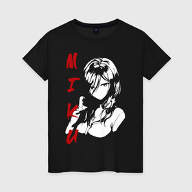 Женская футболка хлопок с принтом MIKU SF в Новосибирске, 100% хлопок | прямой крой, круглый вырез горловины, длина до линии бедер, слегка спущенное плечо | бело красный | глаза | лицо | мику | наушники | смотрит