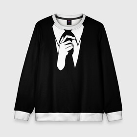 Детский свитшот 3D с принтом Смокинг | Поправляю галстук в Новосибирске, 100% полиэстер | свободная посадка, прямой крой, мягкая тканевая резинка на рукавах и понизу свитшота | анонимус. | галстук | люди в чёрном | минимализм | рубашка | строгость