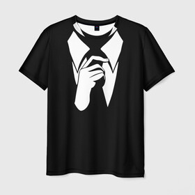 Мужская футболка 3D с принтом Смокинг | Поправляю галстук в Новосибирске, 100% полиэфир | прямой крой, круглый вырез горловины, длина до линии бедер | анонимус. | галстук | люди в чёрном | минимализм | рубашка | строгость