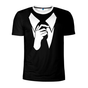 Мужская футболка 3D спортивная с принтом Смокинг | Поправляю галстук в Новосибирске, 100% полиэстер с улучшенными характеристиками | приталенный силуэт, круглая горловина, широкие плечи, сужается к линии бедра | анонимус. | галстук | люди в чёрном | минимализм | рубашка | строгость