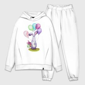 Мужской костюм хлопок OVERSIZE с принтом Зай с шариками в Новосибирске,  |  | birthday | bunny | gift | lilac | pink | spring | summer | watercolor | акварель | воздушныешары | деньрождения | зайчик | подарок | праздник | розовый | сиреневый