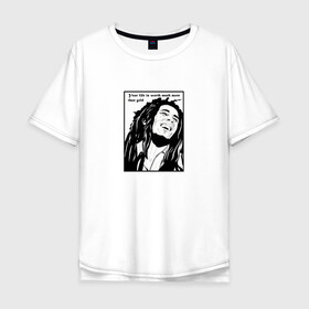 Мужская футболка хлопок Oversize с принтом Боб Марли в Новосибирске, 100% хлопок | свободный крой, круглый ворот, “спинка” длиннее передней части | вокалист | гитарист | композитор | музыкант | портрет | цитата | черно белое