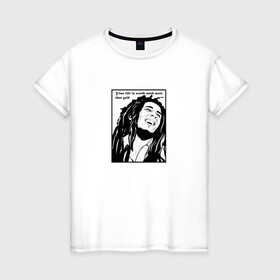 Женская футболка хлопок с принтом Боб Марли в Новосибирске, 100% хлопок | прямой крой, круглый вырез горловины, длина до линии бедер, слегка спущенное плечо | вокалист | гитарист | композитор | музыкант | портрет | цитата | черно белое