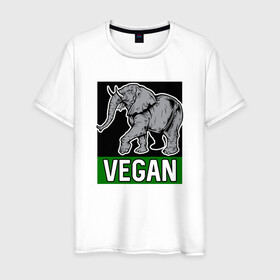 Мужская футболка хлопок с принтом Vegan Elephant в Новосибирске, 100% хлопок | прямой крой, круглый вырез горловины, длина до линии бедер, слегка спущенное плечо. | elephant | green | greenpaece | nature | sport | vegan | yoga | веган | вегетарианец | гринпис | еда | животные | жизнь | здоровье | зеленый | йога | мир | овощи | пища | планета | природа | растение | слон | спорт | тело | фрукты