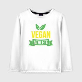 Детский лонгслив хлопок с принтом Vegan Athlete в Новосибирске, 100% хлопок | круглый вырез горловины, полуприлегающий силуэт, длина до линии бедер | green | greenpaece | nature | sport | vegan | yoga | веган | вегетарианец | гринпис | еда | животные | жизнь | здоровье | зеленый | йога | мир | овощи | пища | планета | природа | растение | спорт | тело | фрукты