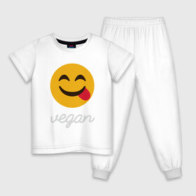 Детская пижама хлопок с принтом Vegan Smile в Новосибирске, 100% хлопок |  брюки и футболка прямого кроя, без карманов, на брюках мягкая резинка на поясе и по низу штанин
 | Тематика изображения на принте: green | greenpaece | nature | sport | vegan | yoga | веган | вегетарианец | гринпис | еда | животные | жизнь | здоровье | зеленый | йога | мир | овощи | пища | планета | природа | растение | спорт | тело | улыбка | фрукты