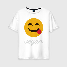 Женская футболка хлопок Oversize с принтом Vegan Smile в Новосибирске, 100% хлопок | свободный крой, круглый ворот, спущенный рукав, длина до линии бедер
 | Тематика изображения на принте: green | greenpaece | nature | sport | vegan | yoga | веган | вегетарианец | гринпис | еда | животные | жизнь | здоровье | зеленый | йога | мир | овощи | пища | планета | природа | растение | спорт | тело | улыбка | фрукты