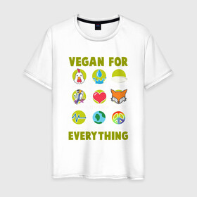 Мужская футболка хлопок с принтом Vegan For Everything в Новосибирске, 100% хлопок | прямой крой, круглый вырез горловины, длина до линии бедер, слегка спущенное плечо. | green | greenpaece | nature | sport | vegan | yoga | веган | вегетарианец | гринпис | еда | животные | жизнь | здоровье | зеленый | йога | мир | овощи | пища | планета | природа | растение | спорт | тело | фрукты