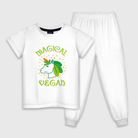 Детская пижама хлопок с принтом Magical Vegan в Новосибирске, 100% хлопок |  брюки и футболка прямого кроя, без карманов, на брюках мягкая резинка на поясе и по низу штанин
 | Тематика изображения на принте: green | greenpaece | nature | sport | vegan | yoga | веган | вегетарианец | гринпис | еда | единорог | животные | жизнь | здоровье | зеленый | йога | мир | овощи | пища | планета | природа | растение | спорт | тело | фрукты