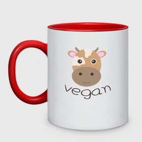 Кружка двухцветная с принтом Vegan Cow в Новосибирске, керамика | объем — 330 мл, диаметр — 80 мм. Цветная ручка и кайма сверху, в некоторых цветах — вся внутренняя часть | cow | green | greenpaece | nature | sport | vegan | yoga | веган | вегетарианец | гринпис | еда | животные | жизнь | здоровье | зеленый | йога | корова | мир | овощи | пища | планета | природа | растение | спорт | тело | фрукты