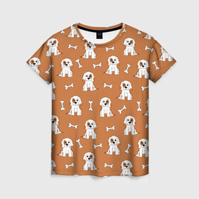 Женская футболка 3D с принтом Пёс и кость в Новосибирске, 100% полиэфир ( синтетическое хлопкоподобное полотно) | прямой крой, круглый вырез горловины, длина до линии бедер |  кость |  питомец | домашнее животное | кости | косточка | косточки | любителям собак | пёс | пёсик | пёсики | псы | собака | собаки | собачка | собачки | узор | щенки | щенок
