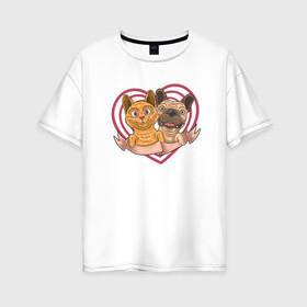 Женская футболка хлопок Oversize с принтом Любимые животные в Новосибирске, 100% хлопок | свободный крой, круглый ворот, спущенный рукав, длина до линии бедер
 | иллюстрация | котик | кошка | любовь | пес | сердце | собака