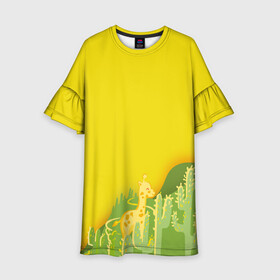 Детское платье 3D с принтом Милый жираф в кактусах в Новосибирске, 100% полиэстер | прямой силуэт, чуть расширенный к низу. Круглая горловина, на рукавах — воланы | Тематика изображения на принте: животные | жираф | кактусы | лето | листва | милые | мультик | солнечный | яркий