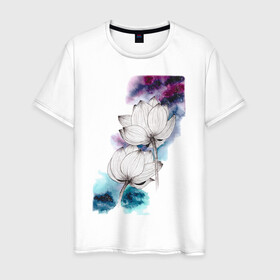 Мужская футболка хлопок с принтом Лотосы и космос в Новосибирске, 100% хлопок | прямой крой, круглый вырез горловины, длина до линии бедер, слегка спущенное плечо. | акварель | галактика | графика | звезды | космос | лотосы | цветы
