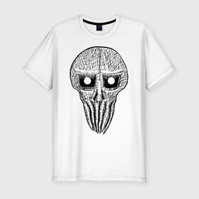Мужская футболка хлопок Slim с принтом Череп с щупальцами в Новосибирске, 92% хлопок, 8% лайкра | приталенный силуэт, круглый вырез ворота, длина до линии бедра, короткий рукав | Тематика изображения на принте: halloween | horror | lineart | lovecraft | monochrome | skull | tentacle | zombie
