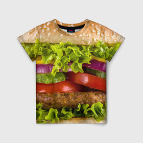 Детская футболка 3D с принтом Бургер в Новосибирске, 100% гипоаллергенный полиэфир | прямой крой, круглый вырез горловины, длина до линии бедер, чуть спущенное плечо, ткань немного тянется | Тематика изображения на принте: биг мак | бигмак | бургер | мясо | салат | чизбургер