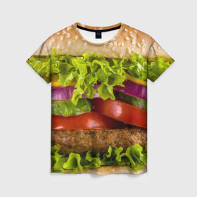 Женская футболка 3D с принтом Бургер в Новосибирске, 100% полиэфир ( синтетическое хлопкоподобное полотно) | прямой крой, круглый вырез горловины, длина до линии бедер | Тематика изображения на принте: биг мак | бигмак | бургер | мясо | салат | чизбургер