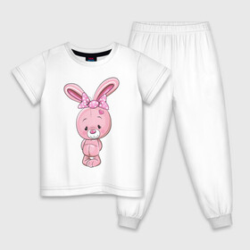 Детская пижама хлопок с принтом Плюшевый зайка в Новосибирске, 100% хлопок |  брюки и футболка прямого кроя, без карманов, на брюках мягкая резинка на поясе и по низу штанин
 | бант | бантик | животное | зайка | зайчик | заяц | зверь | кролик | сердечко | сердце | уши