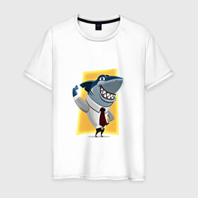Мужская футболка хлопок с принтом Я на деле в Новосибирске, 100% хлопок | прямой крой, круглый вырез горловины, длина до линии бедер, слегка спущенное плечо. | Тематика изображения на принте: акула | бизнес | бизнесмен | галстук | зубы | морской | профессионал | рыба | хищник
