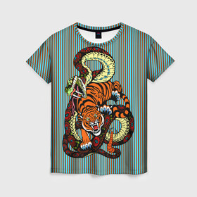 Женская футболка 3D с принтом Тигры Змея Полосы в Новосибирске, 100% полиэфир ( синтетическое хлопкоподобное полотно) | прямой крой, круглый вырез горловины, длина до линии бедер | beast | fight | snake | tiger | борьба | животные | звери | змеи | зубы | когти | кошки | полосатый | полосы | тигры | узор