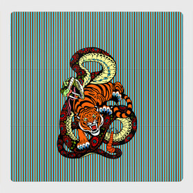 Магнитный плакат 3Х3 с принтом Тигры Змея Полосы в Новосибирске, Полимерный материал с магнитным слоем | 9 деталей размером 9*9 см | Тематика изображения на принте: beast | fight | snake | tiger | борьба | животные | звери | змеи | зубы | когти | кошки | полосатый | полосы | тигры | узор