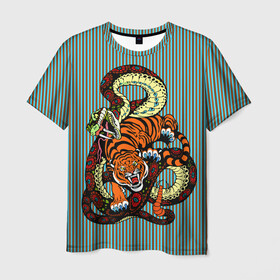 Мужская футболка 3D с принтом Тигры Змея Полосы в Новосибирске, 100% полиэфир | прямой крой, круглый вырез горловины, длина до линии бедер | Тематика изображения на принте: beast | fight | snake | tiger | борьба | животные | звери | змеи | зубы | когти | кошки | полосатый | полосы | тигры | узор