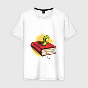 Мужская футболка хлопок с принтом Книжный червь в Новосибирске, 100% хлопок | прямой крой, круглый вырез горловины, длина до линии бедер, слегка спущенное плечо. | бумага | книга | книжный червь | обложка | червь | червяк