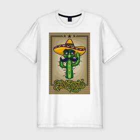 Мужская футболка хлопок Slim с принтом El Cactus - Кактус Мексиканец в Новосибирске, 92% хлопок, 8% лайкра | приталенный силуэт, круглый вырез ворота, длина до линии бедра, короткий рукав | Тематика изображения на принте: cactus | green | humour | mexico | mustache | sand | vegan | vegetable | vegetarian | арт | жара | кактус | комикс | лето | мексика | персонаж | пустыня | сомбреро | усы