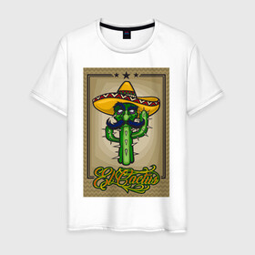 Мужская футболка хлопок с принтом El Cactus - Кактус Мексиканец в Новосибирске, 100% хлопок | прямой крой, круглый вырез горловины, длина до линии бедер, слегка спущенное плечо. | Тематика изображения на принте: cactus | green | humour | mexico | mustache | sand | vegan | vegetable | vegetarian | арт | жара | кактус | комикс | лето | мексика | персонаж | пустыня | сомбреро | усы