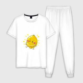 Мужская пижама хлопок с принтом Лимон каннибал  в Новосибирске, 100% хлопок | брюки и футболка прямого кроя, без карманов, на брюках мягкая резинка на поясе и по низу штанин
 | долька | кислый | лимон | лицо | фрукт | фрукты