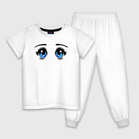 Детская пижама хлопок с принтом Глазки аниме в Новосибирске, 100% хлопок |  брюки и футболка прямого кроя, без карманов, на брюках мягкая резинка на поясе и по низу штанин
 | Тематика изображения на принте: anime | baby | blue | cartoon | cute | emoji | emotion | eyes | face | kawaii | аниме | большие глаза | брови | взгляд | глаза | глазки | голубые глаза | детям | зрачок | каваи | кавайный | лицо | малыш | милый взгляд | мультяшный | очи