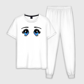Мужская пижама хлопок с принтом Глазки аниме в Новосибирске, 100% хлопок | брюки и футболка прямого кроя, без карманов, на брюках мягкая резинка на поясе и по низу штанин
 | Тематика изображения на принте: anime | baby | blue | cartoon | cute | emoji | emotion | eyes | face | kawaii | аниме | большие глаза | брови | взгляд | глаза | глазки | голубые глаза | детям | зрачок | каваи | кавайный | лицо | малыш | милый взгляд | мультяшный | очи