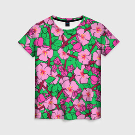 Женская футболка 3D с принтом Цветы Сакуры, Sakura в Новосибирске, 100% полиэфир ( синтетическое хлопкоподобное полотно) | прямой крой, круглый вырез горловины, длина до линии бедер | cherry | flowers | japan | pink | sakura | summer | азия | бутоны | вишня | девушкам | деревья | лепестки | лето | листья | нарисованные цветы | природа | розовые цветы | сад | сакура | сакура вишня | сакура цветок