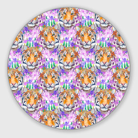 Коврик для мышки круглый с принтом Тигр в цветах в Новосибирске, резина и полиэстер | круглая форма, изображение наносится на всю лицевую часть | абстракция | крупная кошка | паттерн | текстуры | тигр | тигры | узоры
