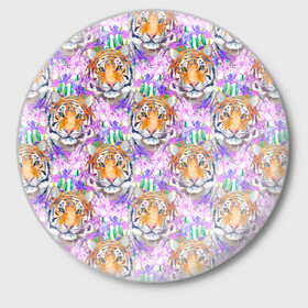 Значок с принтом Тигр в цветах в Новосибирске,  металл | круглая форма, металлическая застежка в виде булавки | Тематика изображения на принте: абстракция | крупная кошка | паттерн | текстуры | тигр | тигры | узоры