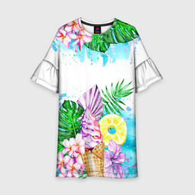 Детское платье 3D с принтом Тропический рай с мороженым в Новосибирске, 100% полиэстер | прямой силуэт, чуть расширенный к низу. Круглая горловина, на рукавах — воланы | акварель | ананас | жаркие страны | летный отдых | лето | листья | море | мороженое | отдых | растения | сладости | тропики | тропический рай | цветы | экзотика