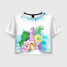 Женская футболка Crop-top 3D с принтом Тропический рай с мороженым в Новосибирске, 100% полиэстер | круглая горловина, длина футболки до линии талии, рукава с отворотами | акварель | ананас | жаркие страны | летный отдых | лето | листья | море | мороженое | отдых | растения | сладости | тропики | тропический рай | цветы | экзотика
