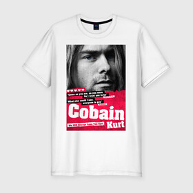 Мужская футболка хлопок Slim с принтом In memory of Kurt Cobain в Новосибирске, 92% хлопок, 8% лайкра | приталенный силуэт, круглый вырез ворота, длина до линии бедра, короткий рукав | Тематика изображения на принте: cobain | grunge | kurt | kurt cobain | nirvana | грандж | кобейн | курт | курт кобейн | нирвана | рок