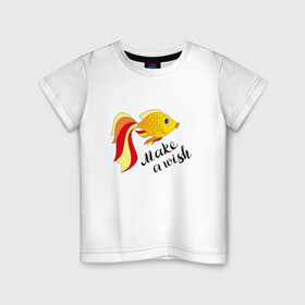 Детская футболка хлопок с принтом Золотая рыбка, загадай желание в Новосибирске, 100% хлопок | круглый вырез горловины, полуприлегающий силуэт, длина до линии бедер | goldfish | make a with | желание | желто красная | загадай желание | золотая рыбка | символ | удача