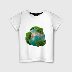 Детская футболка хлопок с принтом Чистая планета в Новосибирске, 100% хлопок | круглый вырез горловины, полуприлегающий силуэт, длина до линии бедер | зеленая планета | переработка | планета | сортировка | сортировка мусора | стрелочки | чистая планета | экология