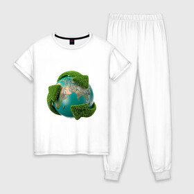 Женская пижама хлопок с принтом Чистая планета в Новосибирске, 100% хлопок | брюки и футболка прямого кроя, без карманов, на брюках мягкая резинка на поясе и по низу штанин | зеленая планета | переработка | планета | сортировка | сортировка мусора | стрелочки | чистая планета | экология