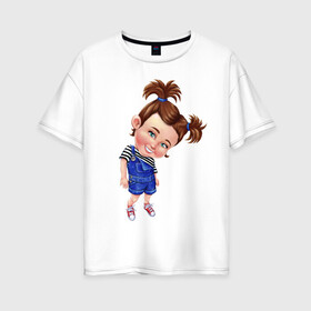 Женская футболка хлопок Oversize с принтом Кокетка в Новосибирске, 100% хлопок | свободный крой, круглый ворот, спущенный рукав, длина до линии бедер
 | девочка | детский | кокетка | комбинезон | лето | прическа | ребенок | синий | улыбка | юмор