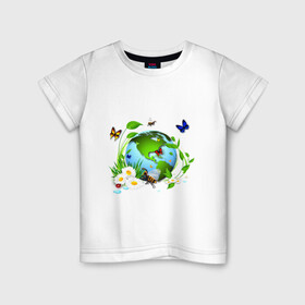 Детская футболка хлопок с принтом Чистая планета в Новосибирске, 100% хлопок | круглый вырез горловины, полуприлегающий силуэт, длина до линии бедер | бабочка | бабочки | зеленая планета | зелень | земля | листья | оса | планета | пчела | растения | ромашки | цветы | чистая планета | экология