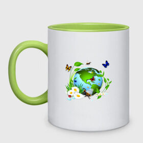 Кружка двухцветная с принтом Чистая планета в Новосибирске, керамика | объем — 330 мл, диаметр — 80 мм. Цветная ручка и кайма сверху, в некоторых цветах — вся внутренняя часть | Тематика изображения на принте: бабочка | бабочки | зеленая планета | зелень | земля | листья | оса | планета | пчела | растения | ромашки | цветы | чистая планета | экология