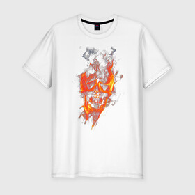 Мужская футболка хлопок Slim с принтом Предзнаменование  в Новосибирске, 92% хлопок, 8% лайкра | приталенный силуэт, круглый вырез ворота, длина до линии бедра, короткий рукав | дым | огненные очертания | огонь | очертание | череп