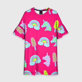 Детское платье 3D с принтом pop it радуга и единорог в Новосибирске, 100% полиэстер | прямой силуэт, чуть расширенный к низу. Круглая горловина, на рукавах — воланы | pop it | антистресс | детский | единорог | игрушка | лопать | мороженое | поп ит | пупырка | радуга | радужный | разноцветный | розовый | фуксия | шарики