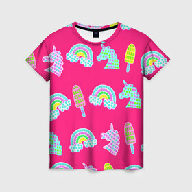 Женская футболка 3D с принтом pop it радуга и единорог в Новосибирске, 100% полиэфир ( синтетическое хлопкоподобное полотно) | прямой крой, круглый вырез горловины, длина до линии бедер | pop it | антистресс | детский | единорог | игрушка | лопать | мороженое | поп ит | пупырка | радуга | радужный | разноцветный | розовый | фуксия | шарики