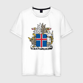 Мужская футболка хлопок с принтом Герб Исландии в Новосибирске, 100% хлопок | прямой крой, круглый вырез горловины, длина до линии бедер, слегка спущенное плечо. | бык | герб | грифон | дракон | исландии | исландия | коровы | красный | линии | орел | пастух | синий | флаг