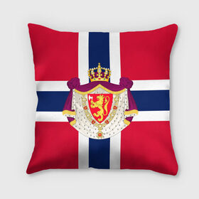 Подушка 3D с принтом Норвегия | Флаг и герб Норвегии в Новосибирске, наволочка – 100% полиэстер, наполнитель – холлофайбер (легкий наполнитель, не вызывает аллергию). | состоит из подушки и наволочки. Наволочка на молнии, легко снимается для стирки | герб | герб норвегии | корона | красный | лев | линии | норвегии | норвегия | синий | топор | флаг | флаг норвегии | щит